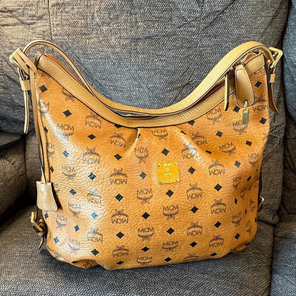 MCM Cognac Visetos Shoulder/ Hobo Bag with  Lock and Key- Clean interior